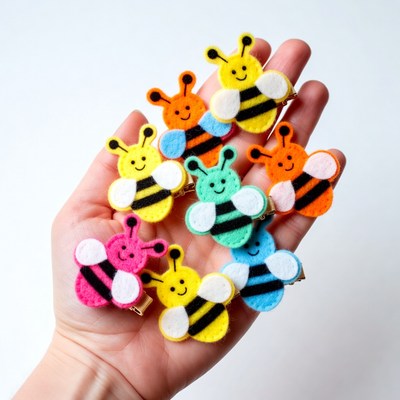 Hand holding colorful felt bee hair clips