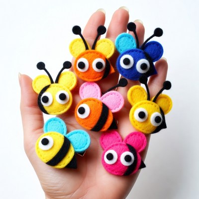 Hand holding colorful felt bee hair clips