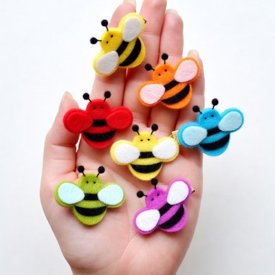 Hand holding colorful felt bee brooches