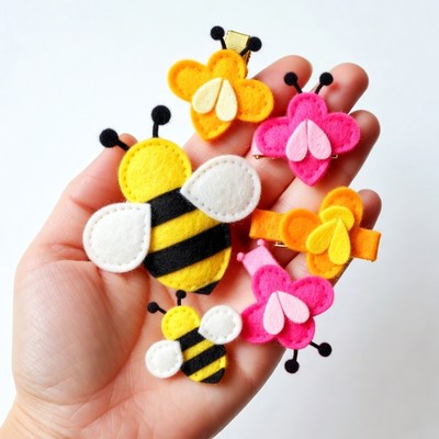Hand holding colorful felt bee hair clips