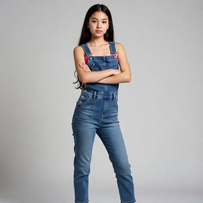 Asian girl in denim overalls