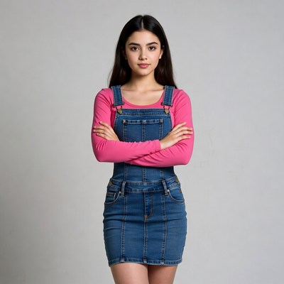 Young Latina woman in denim overalls