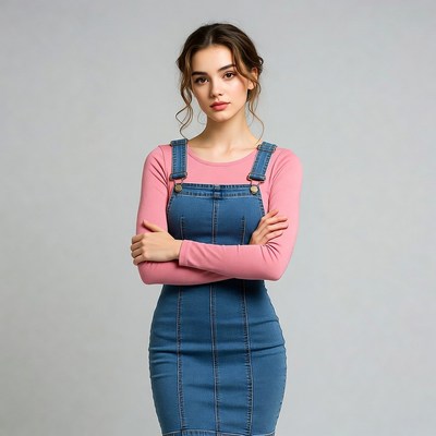 Woman in denim overall dress arms crossed