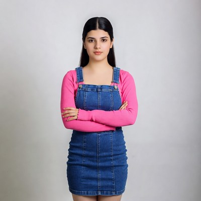 Woman in blue denim overalls with arms crossed