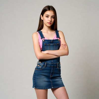 Girl in denim overalls with arms crossed
