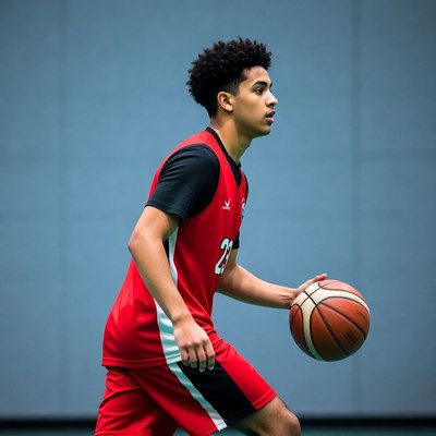 African-American teen dribbling basketball