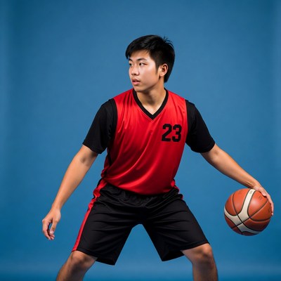 Asian boy dribbling basketball in red jersey