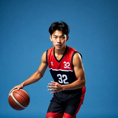 Asian basketball player dribbling ball