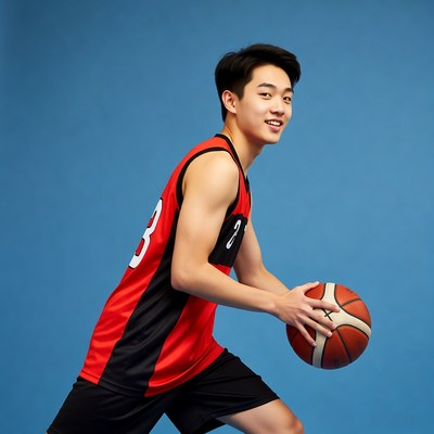 Asian boy dribbling basketball in red jersey