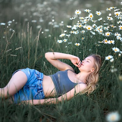 Blonde woman lying in daisy field