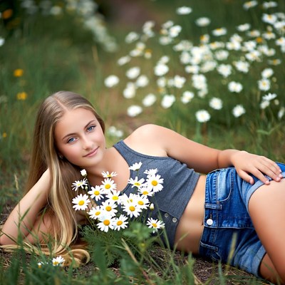 Teen girl with daisies in field
