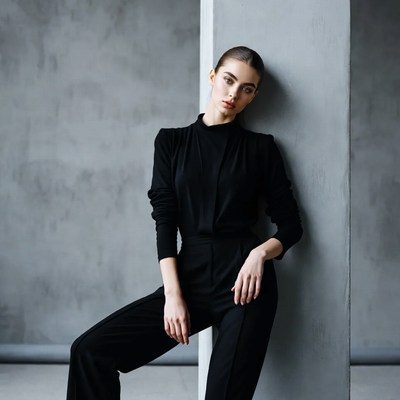 Woman leaning against gray pillar