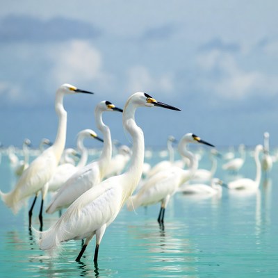 Flock of white egrets in turquoise water