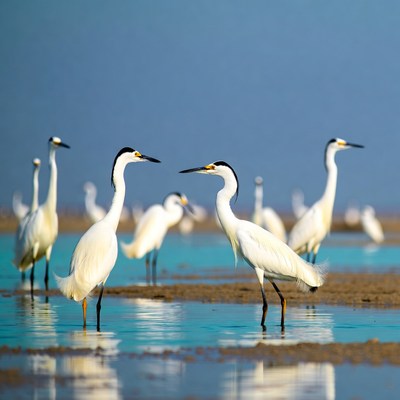 Flock of white herons in shallow water
