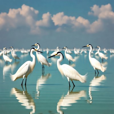 Flock of white egrets in shallow water