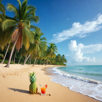 Pineapple and Cocktail on Tropical Beach