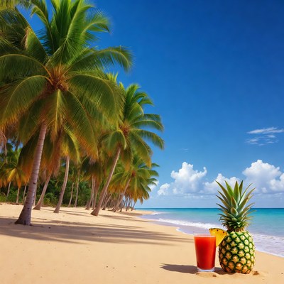 Pineapple and Orange Juice on Tropical Beach
