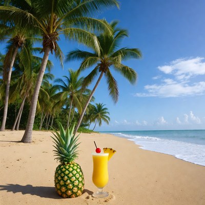 Pineapple and Pina Colada on Beach