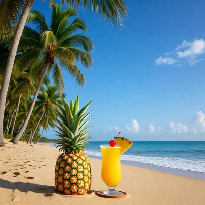 Pineapple and Tropical Drink on Beach