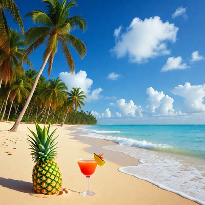 Pineapple and Martini on Tropical Beach