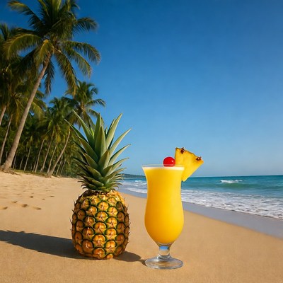 Pineapple and Pina Colada on Beach