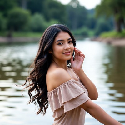 Smiling Latina woman by river