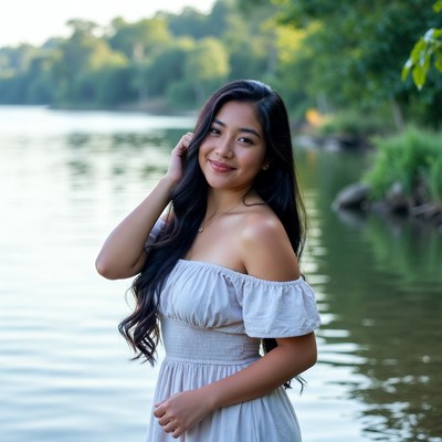 Asian woman in white dress by lake