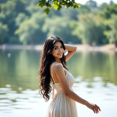 Asian woman in white dress by lake