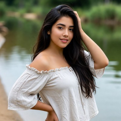Smiling woman in off-shoulder top by lake