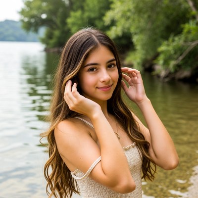 Teen girl smiling by lake