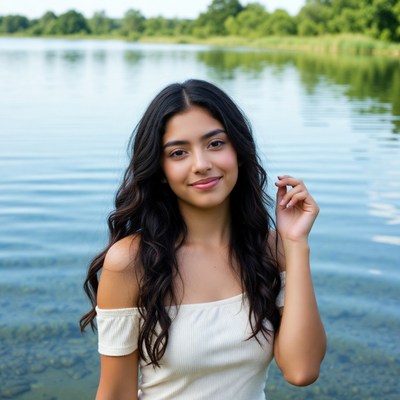 Smiling Latina woman by lake