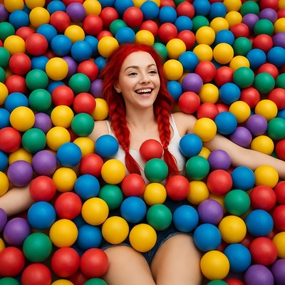 Redhead woman smiling in colorful ball pit