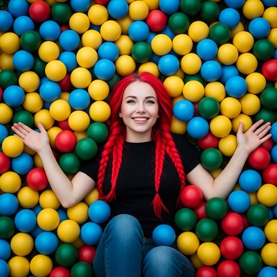 Woman with red hair in colorful ball pit