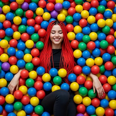 Woman with red braids in colorful ball pit