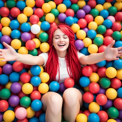 Woman with red dreadlocks in ball pit