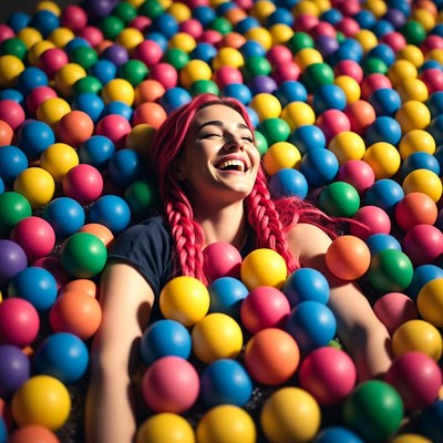 Woman laughing in colorful ball pit