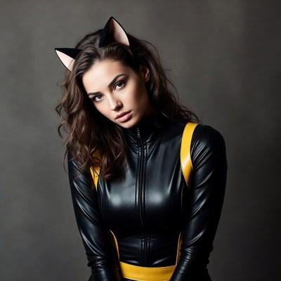 Woman in black catsuit with cat ears