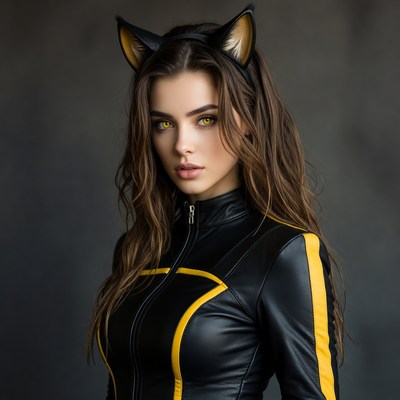Woman in black leather catsuit with cat ears