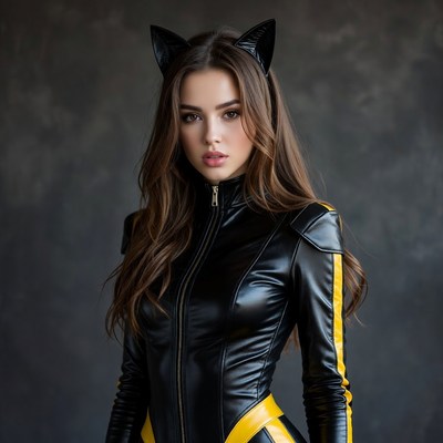 Woman in black cat ears leather catsuit