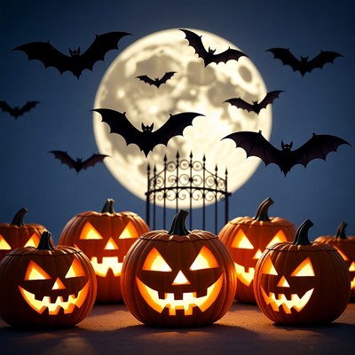 Jack-o-lanterns with bats and gate