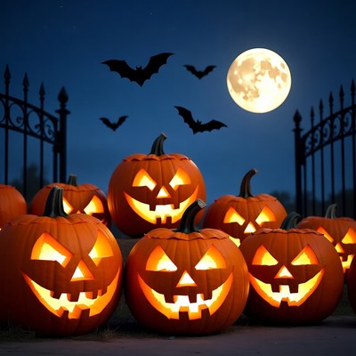 Jack-o'-lanterns with bats and full moon