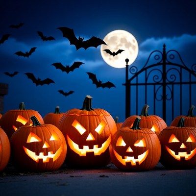 Jack-o'-lanterns with bats and moon