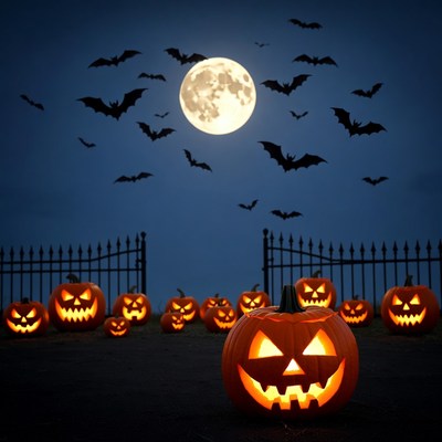 Halloween Pumpkins Bats Full Moon