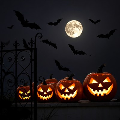 Jack-o'-lanterns and bats at night