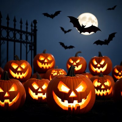 Jack-o-lanterns with bats under full moon