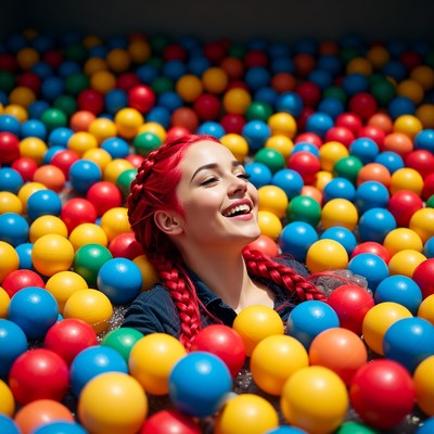 Woman with red braids in colorful ball pit