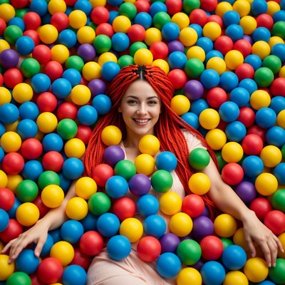 Woman with red braids in colorful ball pit