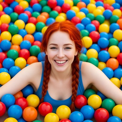 Redhead woman in colorful ball pit
