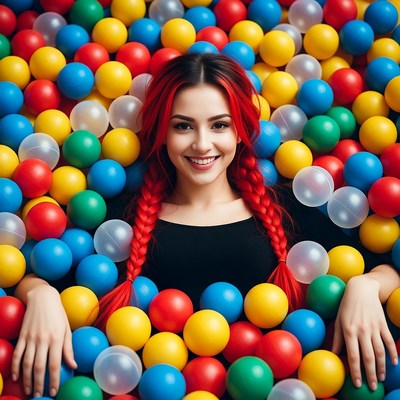 Woman with red braids in colorful ball pit