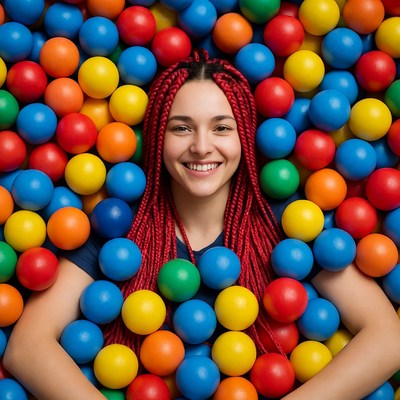 Woman smiling in colorful ball pit